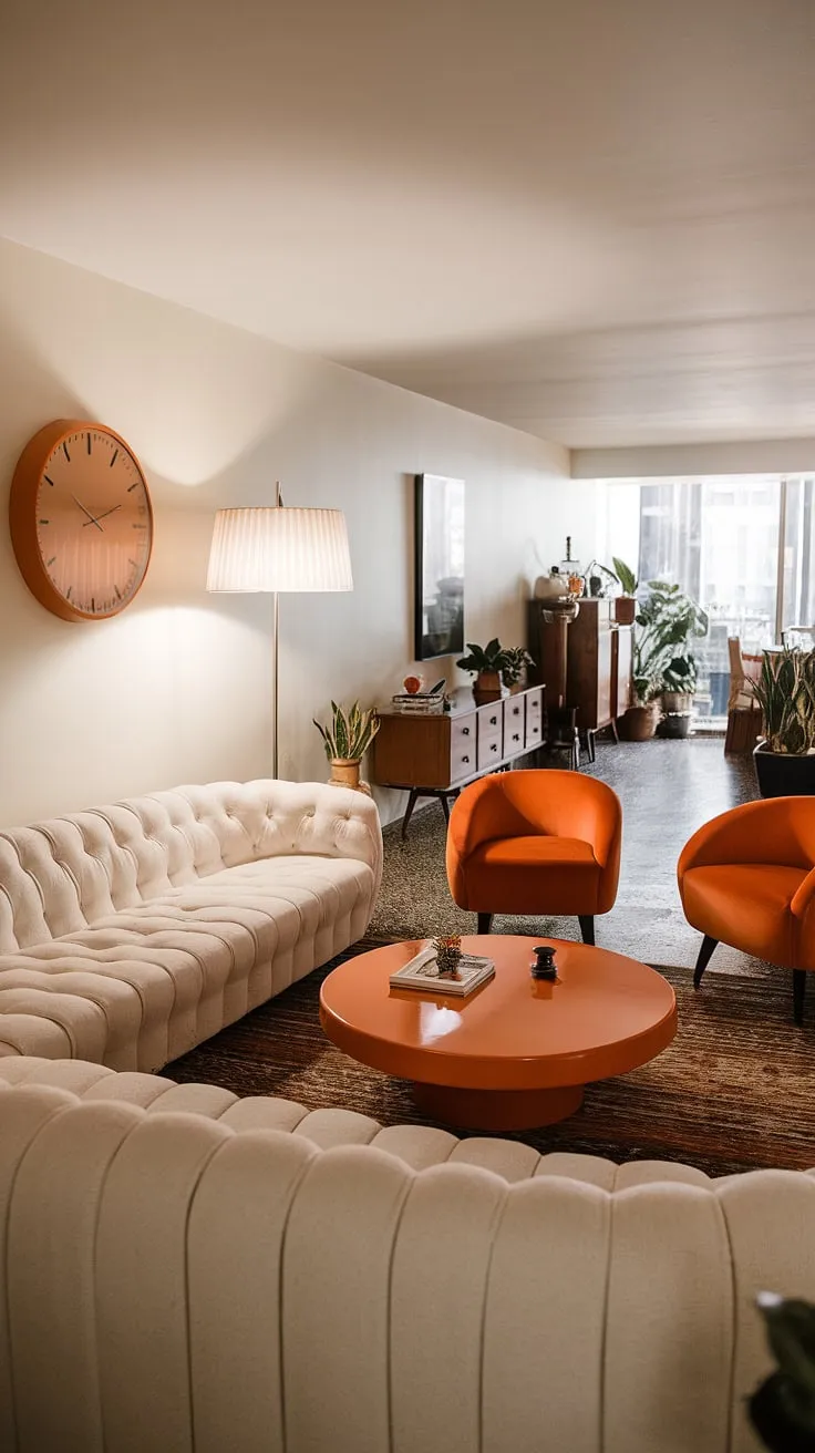 Sun-drenched sophistication. The mid-century modern aesthetic shines in this living room, where pops of vibrant orange accent the creamy white sofa and create a playful yet refined atmosphere. A sense of calm and understated elegance pervades the space, enhanced by the carefully curated details, from the iconic clock to the lush potted plants.