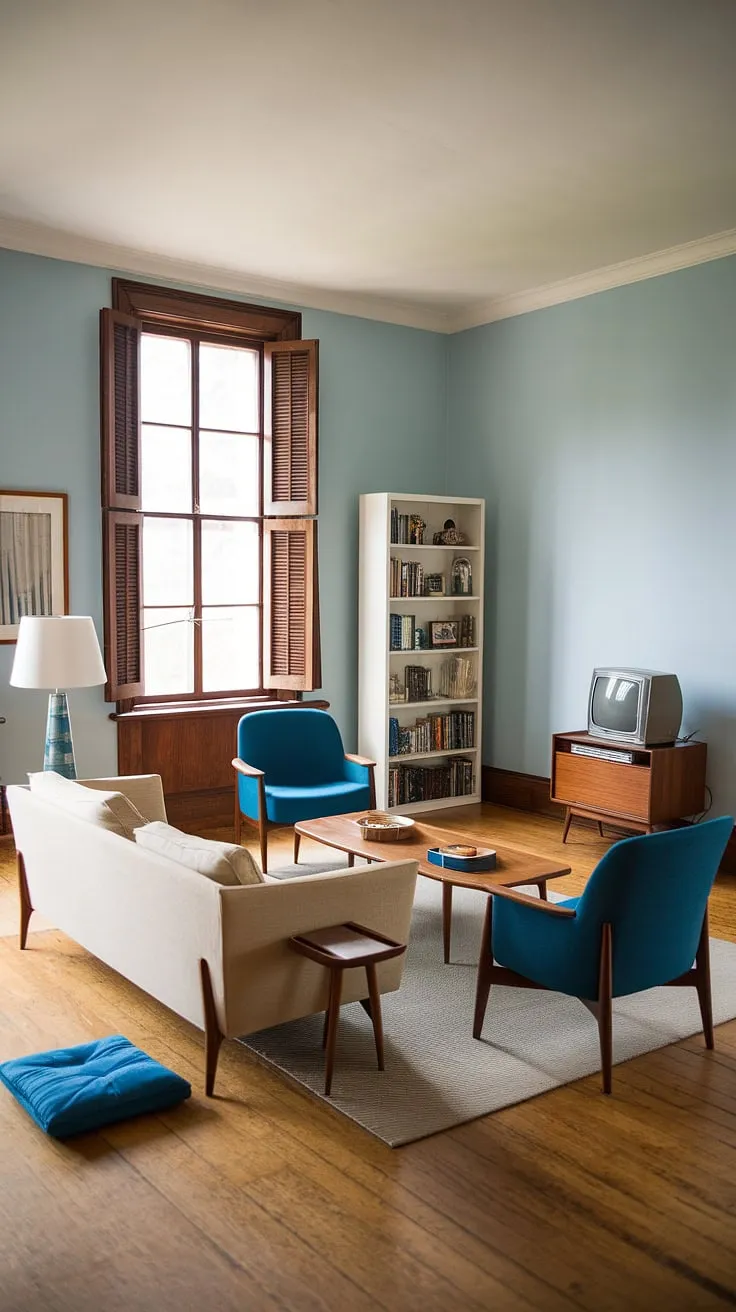 This mid-century modern haven is a testament to understated elegance. The pale blue walls, wooden floors, and carefully chosen furniture-from the vintage television to the comfortable blue armchairs-work together to create a relaxing and refined atmosphere. A sanctuary for quiet contemplation and comfortable living.