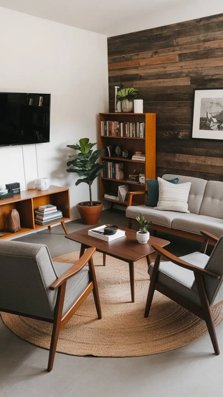 This living room masterfully combines textures and shapes with vibrant greenery, showcasing a perfect balance of elegance and comfort.
