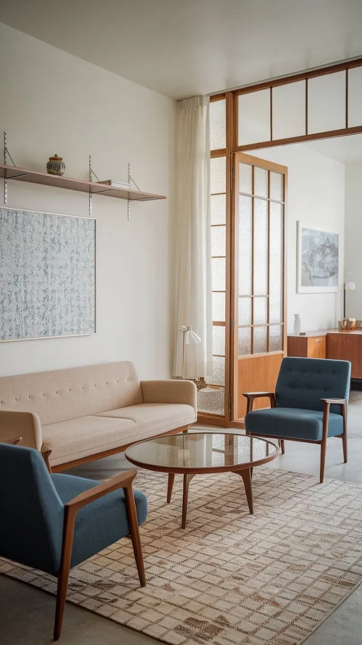 Sunlight bathes a mid-century modern living room in elegance, where a beige sofa and blue armchairs harmonize with abstract art and a patterned rug to create a cozy yet sophisticated retreat.