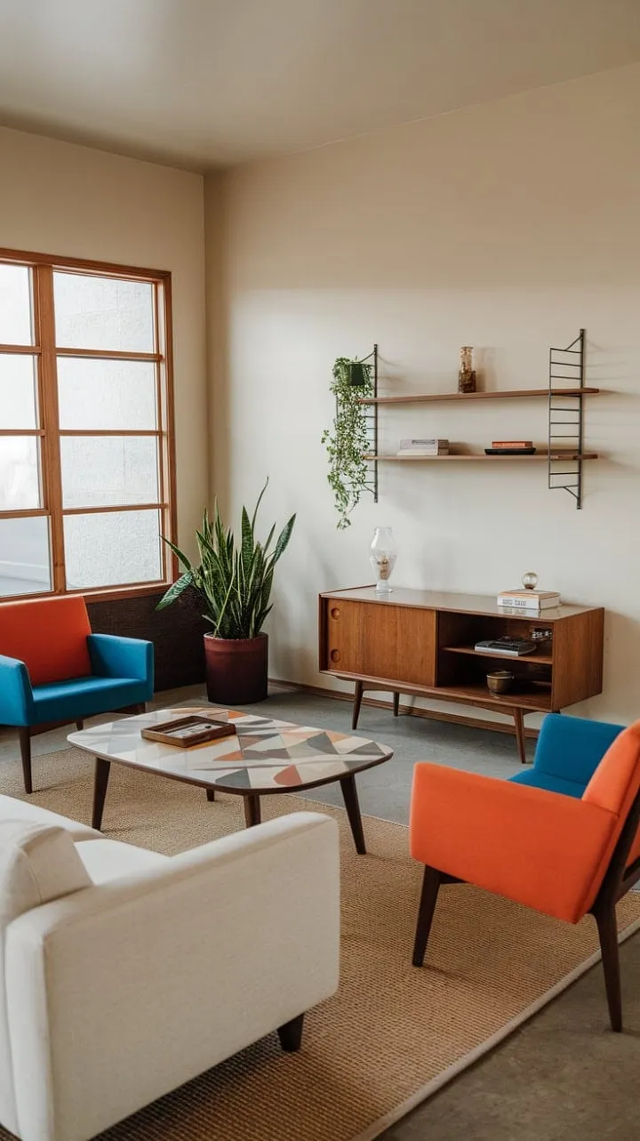 This mid-century modern haven harmoniously fuses cozy elegance with vibrant accents and chic geometric details.