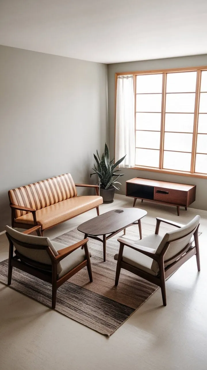 This mid-century modern living room harmoniously blends warm wood tones and clean lines with soft gray walls, creating a captivating sanctuary of timeless elegance.