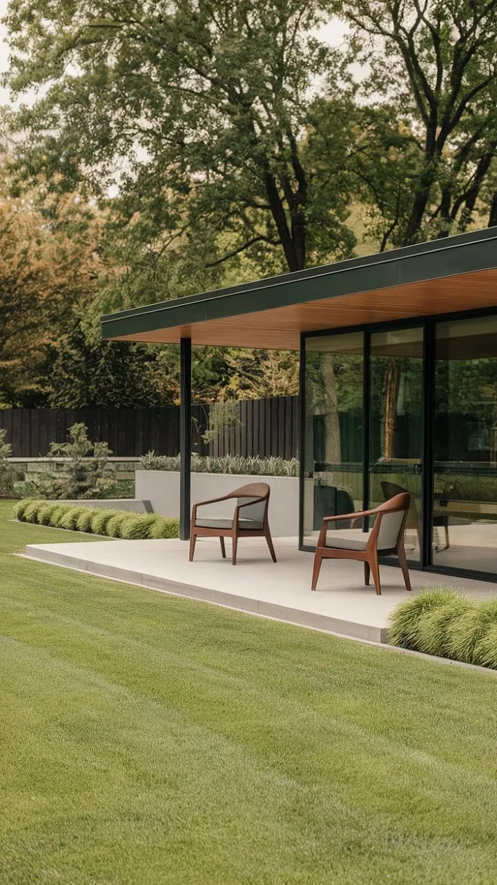 This elegant patio harmoniously fuses modern design with nature, showcasing the beauty of simplicity against a lush green backdrop.