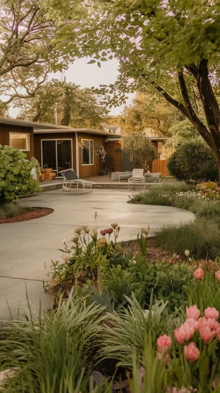 This mid-century modern backyard harmoniously fuses nature and architecture, offering a serene sanctuary adorned with lush greenery and inviting design.