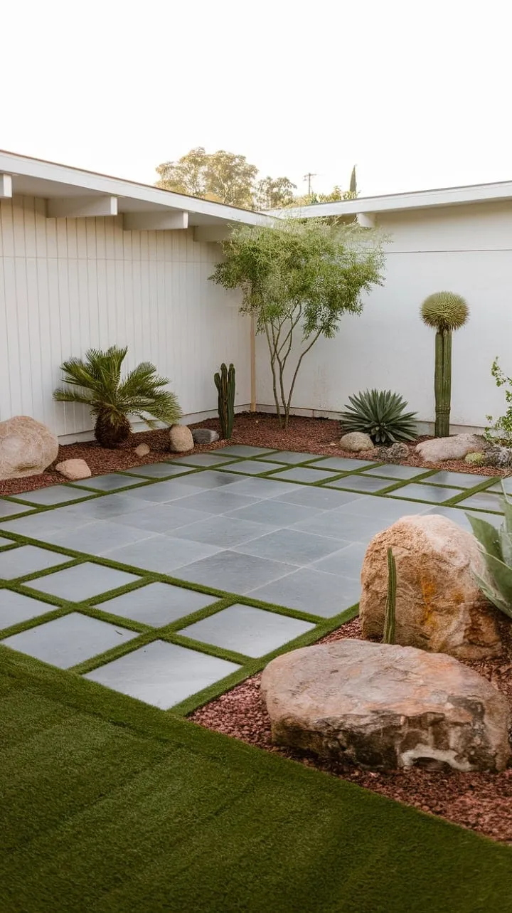 This serene mid-century modern oasis harmoniously fuses sleek architectural lines with the organic beauty of its lush landscaping and towering cactus.