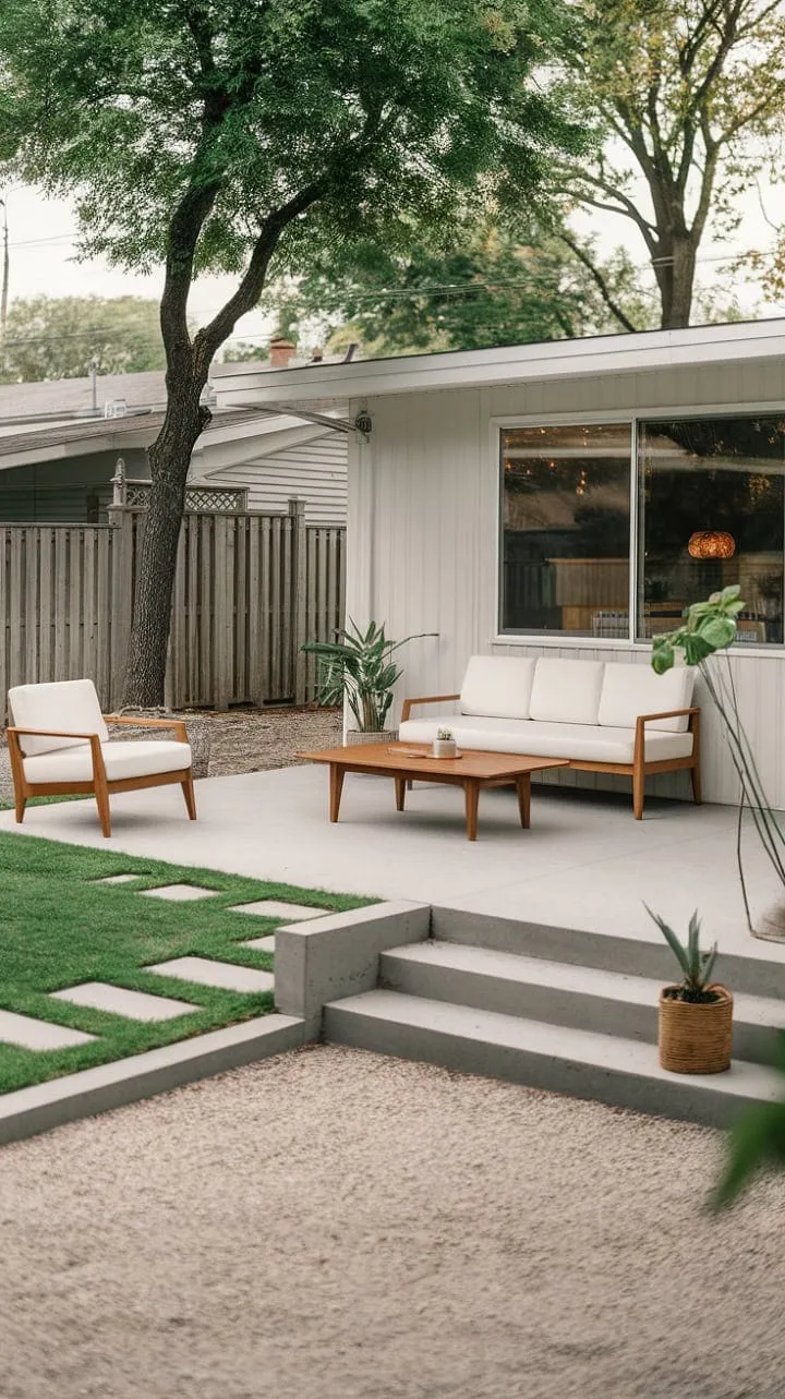 This mid-century modern backyard embodies understated elegance, inviting serene afternoons under the shade of a tree amidst gravel pathways and potted plants.