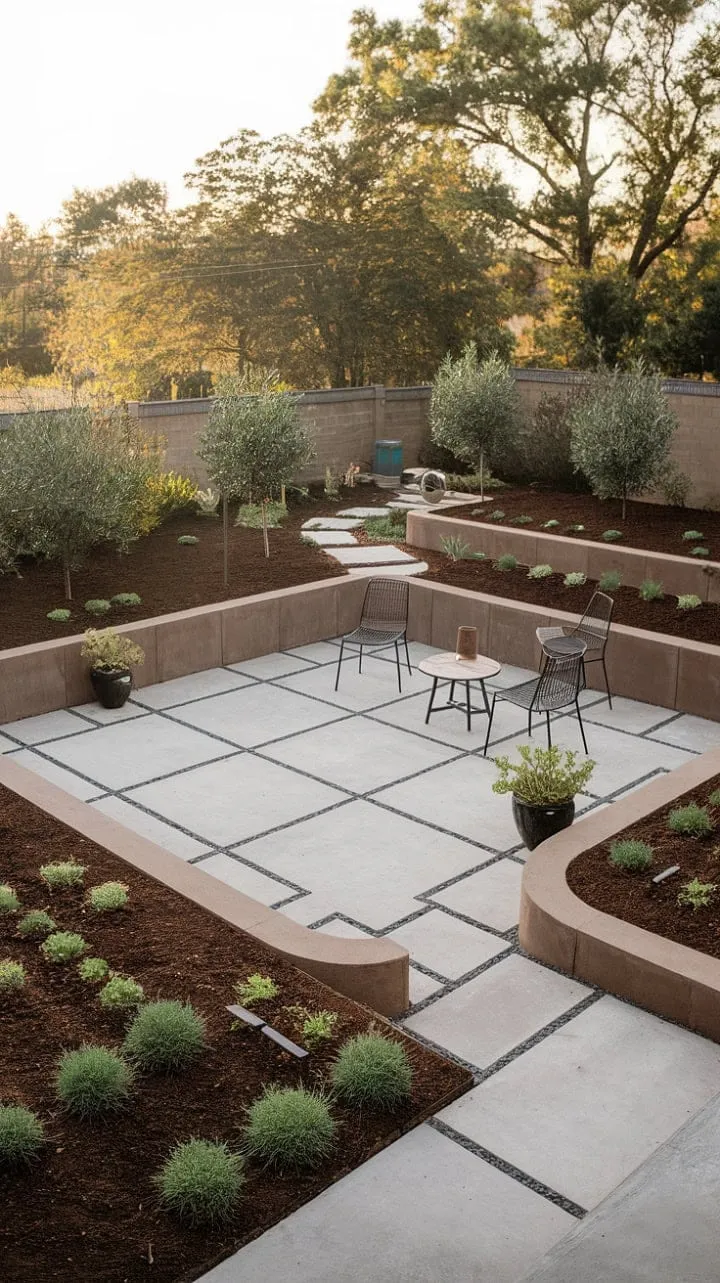 This backyard is a serene tribute to mid-century design, where minimalist landscaping and refined furnishings harmoniously blend to evoke timeless elegance.