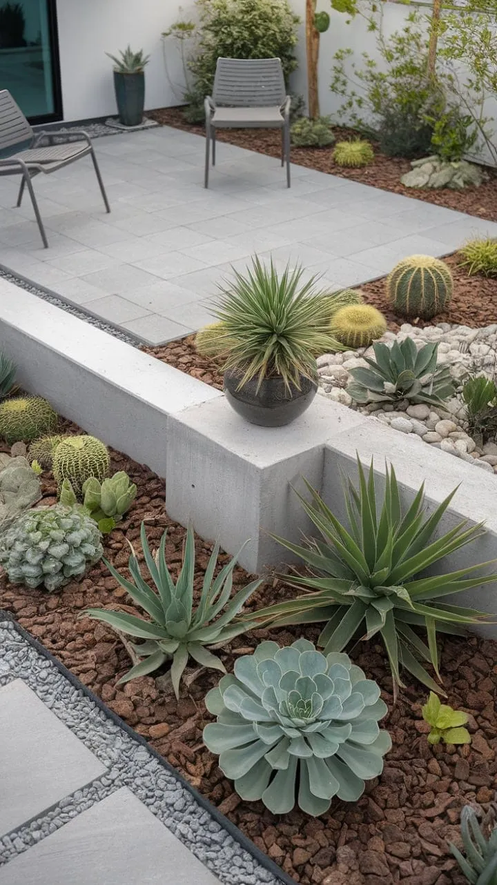 A serene minimalist retreat harmoniously fuses mid-century modern design with the vibrant textures of succulents and cacti.