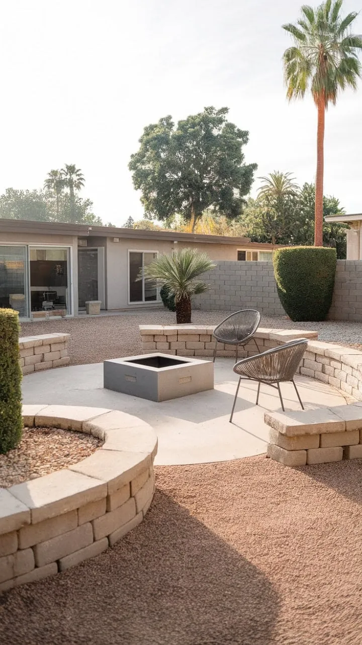 A tranquil mid-century modern retreat, where elegant stone walls and a crackling fire pit create the perfect backdrop for unforgettable memories.