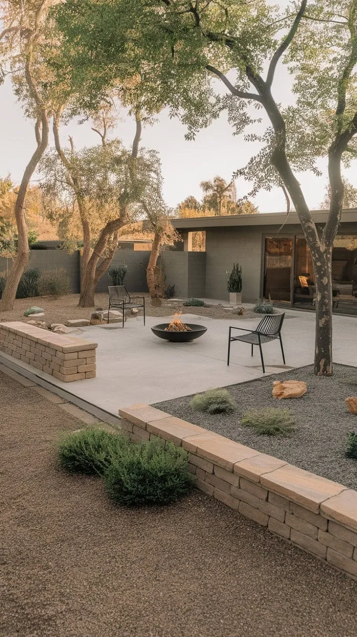 This backyard oasis harmoniously fuses mid-century modern elegance with contemporary landscaping, inviting cozy evenings by the fire pit amidst a thoughtfully curated blend of stone, gravel, and lush greenery.