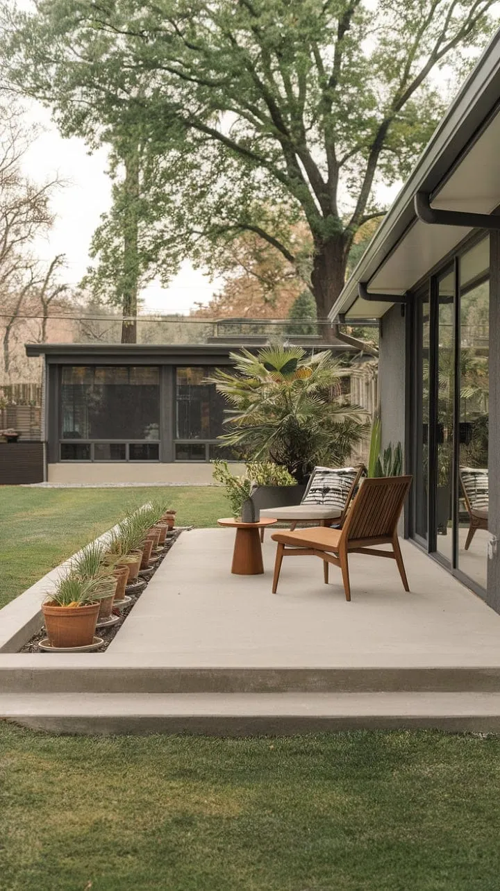 A serene oasis of mid-century modern design, where sleek lines and lush greenery invite peaceful contemplation.