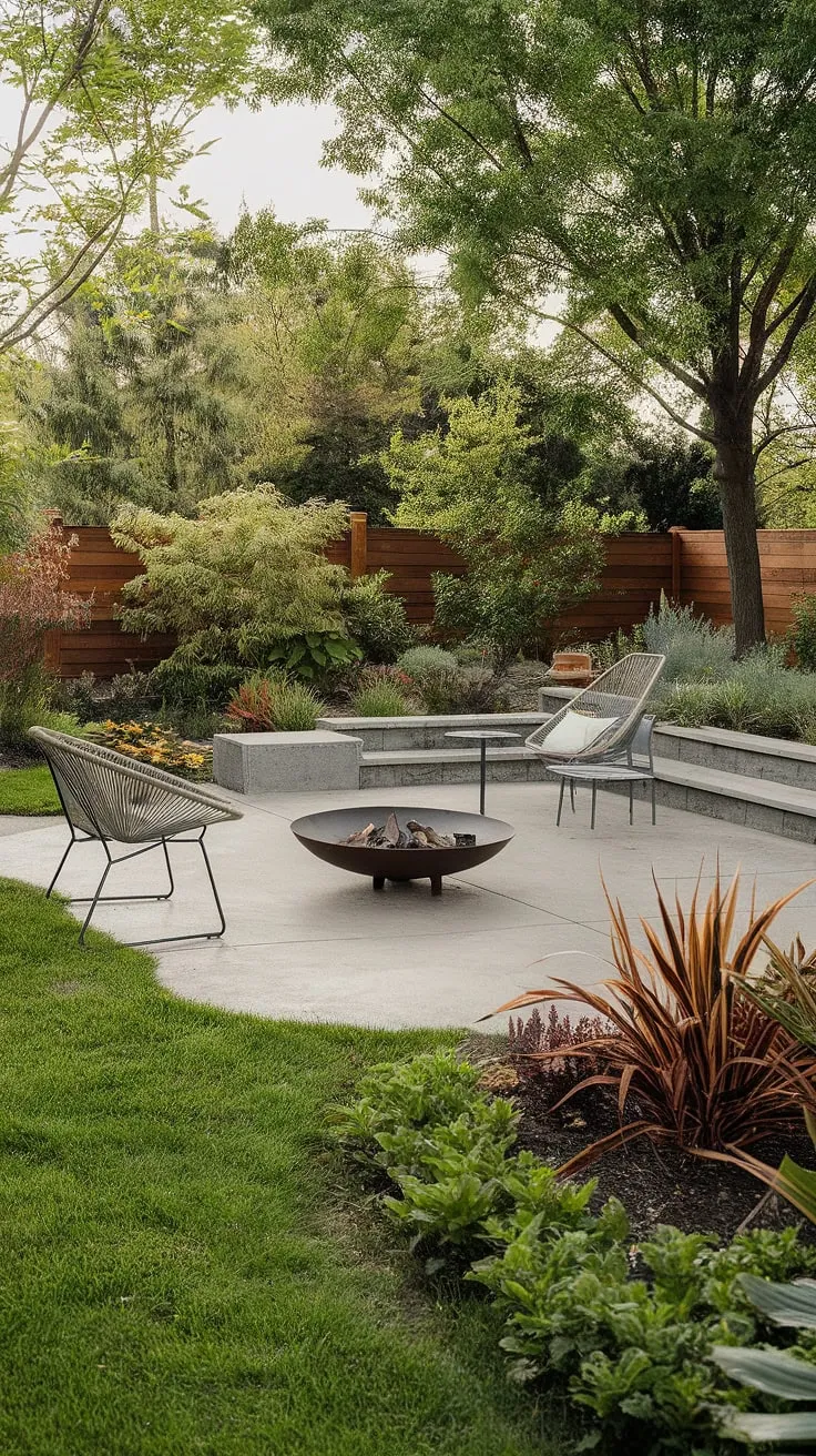 The perfect blend of nature and mid-century design. This backyard oasis, complete with a cozy fire pit and comfortable patio furniture, offers a serene escape. The surrounding landscape, bursting with life, adds to the tranquil atmosphere. A true haven for relaxation and contemplation.
