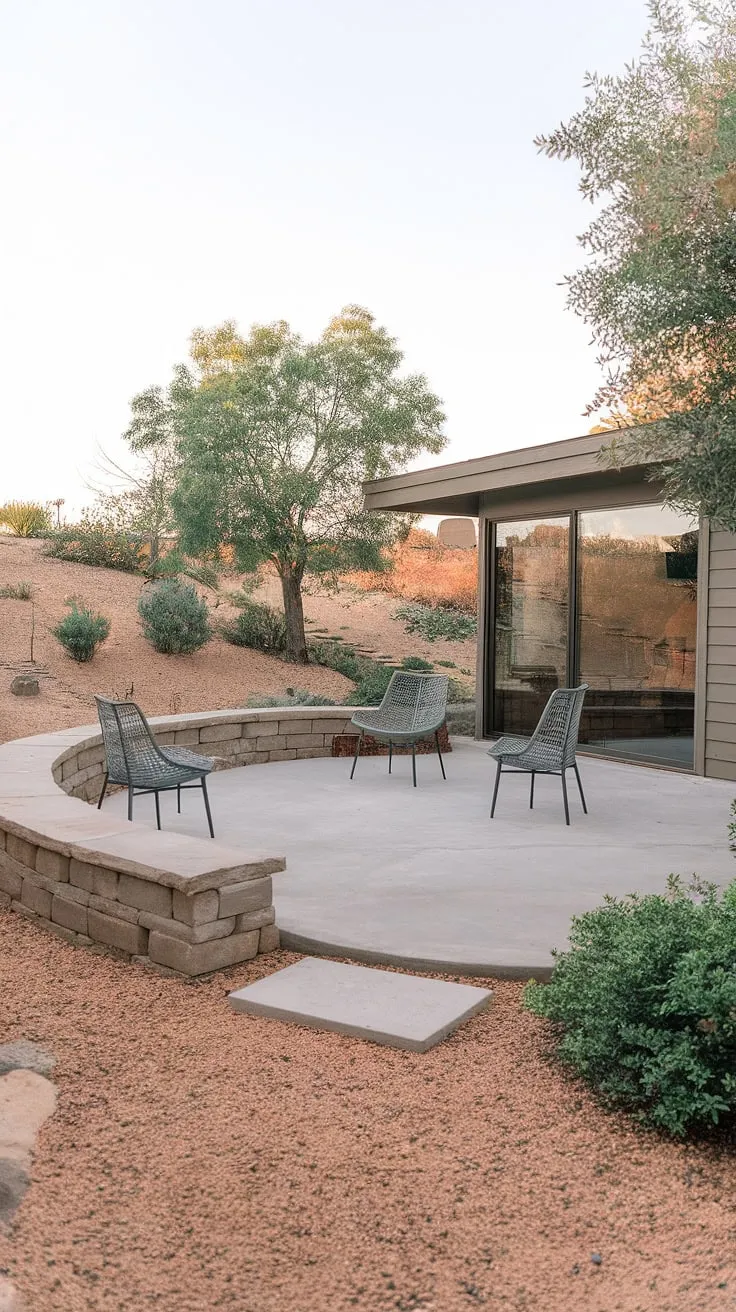 A serene mid-century modern escape. The minimalist design, with its concrete patio and low stone wall, creates a tranquil atmosphere perfect for quiet contemplation. A perfect blend of form and function, this outdoor space is an oasis of calm.