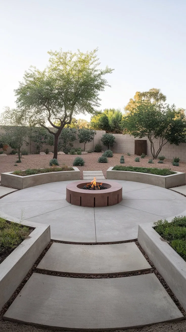 Mid-century modern serenity. The clean lines of the concrete patio, punctuated by the warmth of the central fire pit and the lush greenery in the surrounding planters, create a tranquil outdoor oasis. A perfect space for quiet contemplation or lively gatherings. A testament to timeless design.