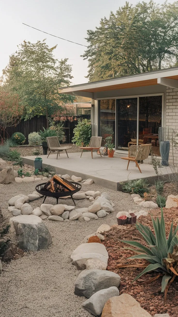 A thoughtfully designed backyard, blending the clean lines of mid-century modern architecture with the natural beauty of the surrounding landscape. The fire pit beckons for cozy nights, while the comfortable patio seating provides a perfect spot for conversation. A haven of serenity, this outdoor space is a testament to simple elegance.