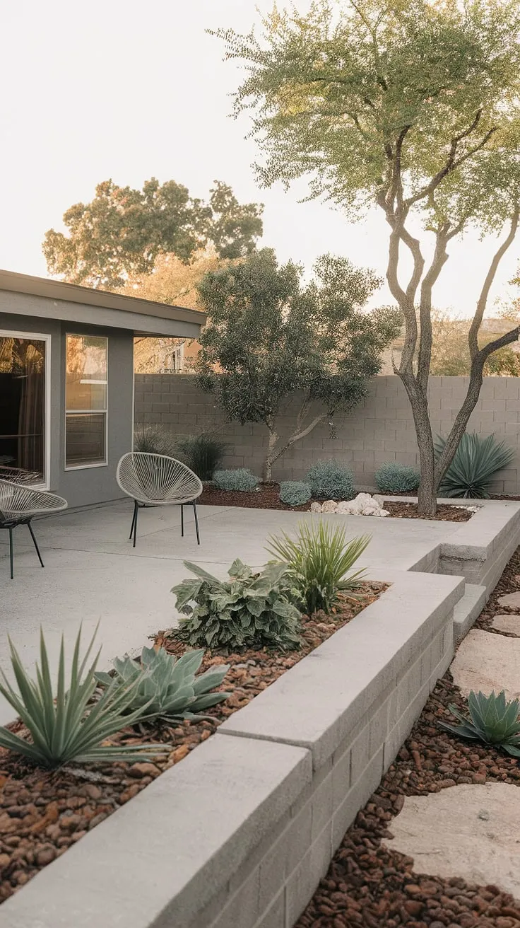 A minimalist's dream. This backyard showcases the beauty of understated elegance. The concrete patio, framed by thoughtfully placed greenery and rocks, provides a calming and functional space for outdoor living. A testament to the enduring appeal of mid-century design.