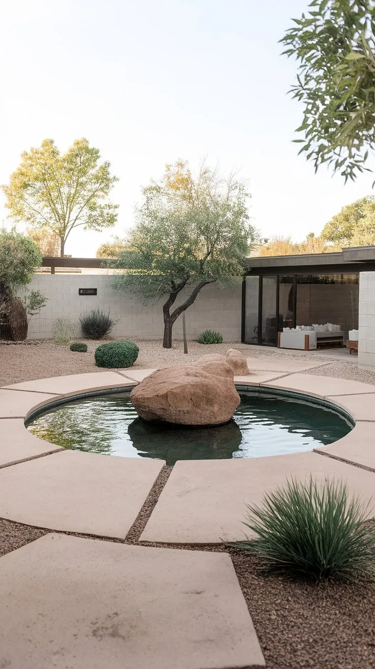 Serene simplicity. A mid-century modern oasis where the gentle trickle of water around the central rock creates a meditative atmosphere. The carefully curated landscaping complements the clean lines of the patio, a testament to thoughtful design.