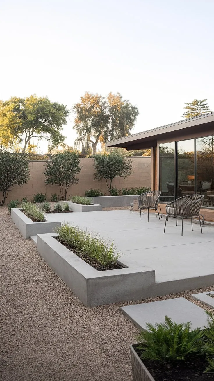 A minimalist landscape design showcasing the beauty of understated elegance. The gravel pathway leads to a concrete patio, framed by thoughtfully placed planters brimming with life. A testament to the enduring appeal of mid-century modern aesthetics.