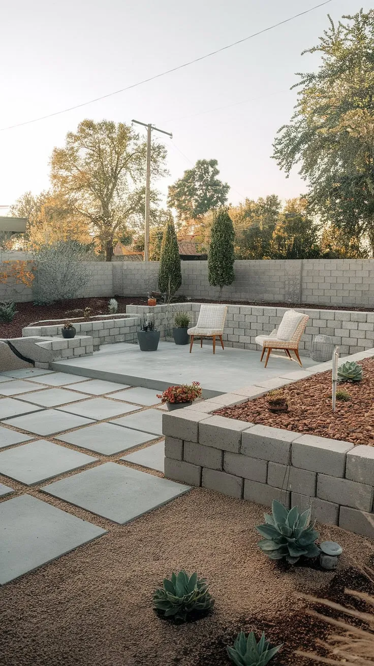 This thoughtfully designed backyard seamlessly blends the clean lines of mid-century modern architecture with the natural beauty of the landscape. The grey concrete patio and retaining wall offer a sophisticated backdrop for the carefully chosen potted plants, all set against a backdrop of gravel and lush greenery. A perfect example of understated elegance.