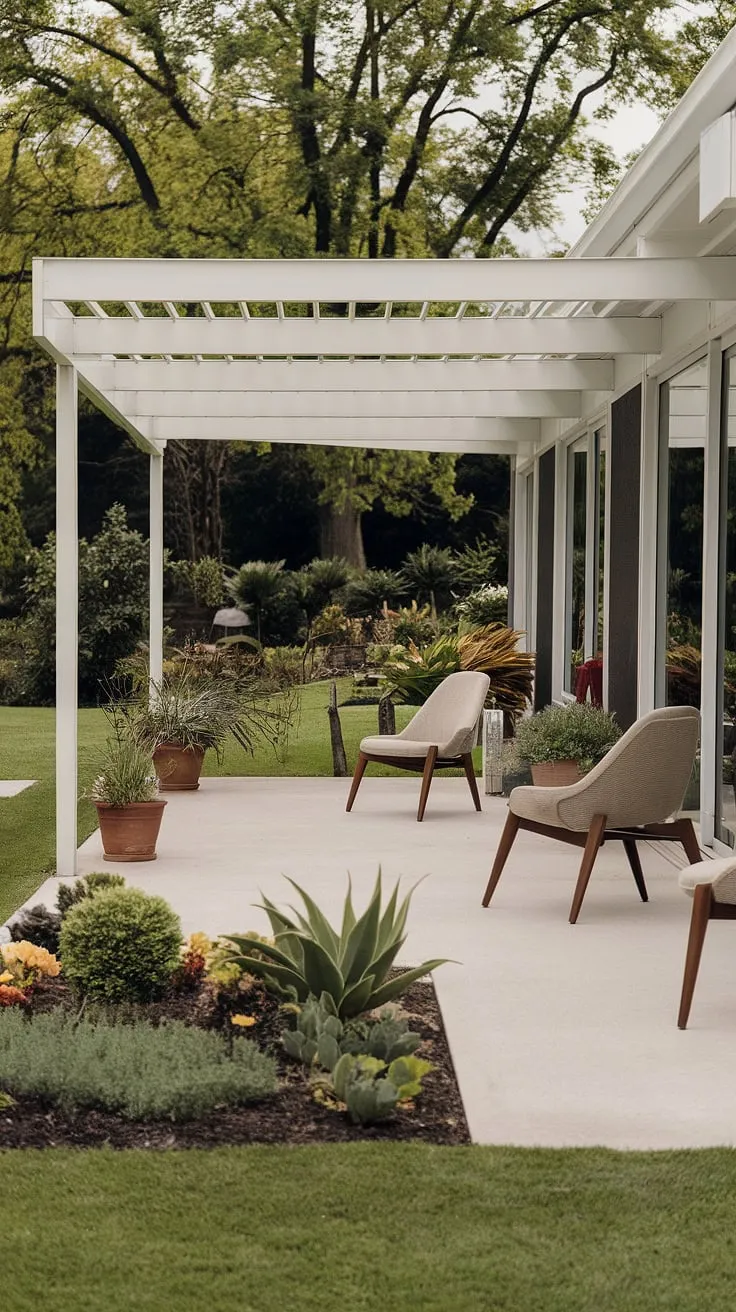 A haven of serenity awaits. This mid-century modern patio, with its clean lines and natural materials, offers a peaceful retreat. The white pergola provides dappled shade, while the surrounding greenery creates a vibrant backdrop. A perfect spot for quiet contemplation and enjoying the simple pleasures of life.