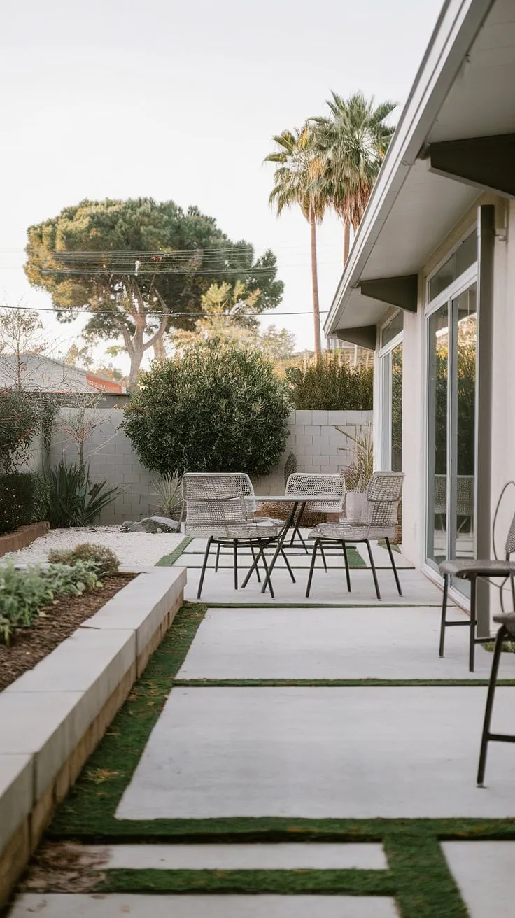 This mid-century modern backyard oasis is the perfect spot for quiet contemplation. The clean lines of the patio furniture and the lush greenery create a serene atmosphere, a true escape from the everyday. A simple design, yet utterly captivating.