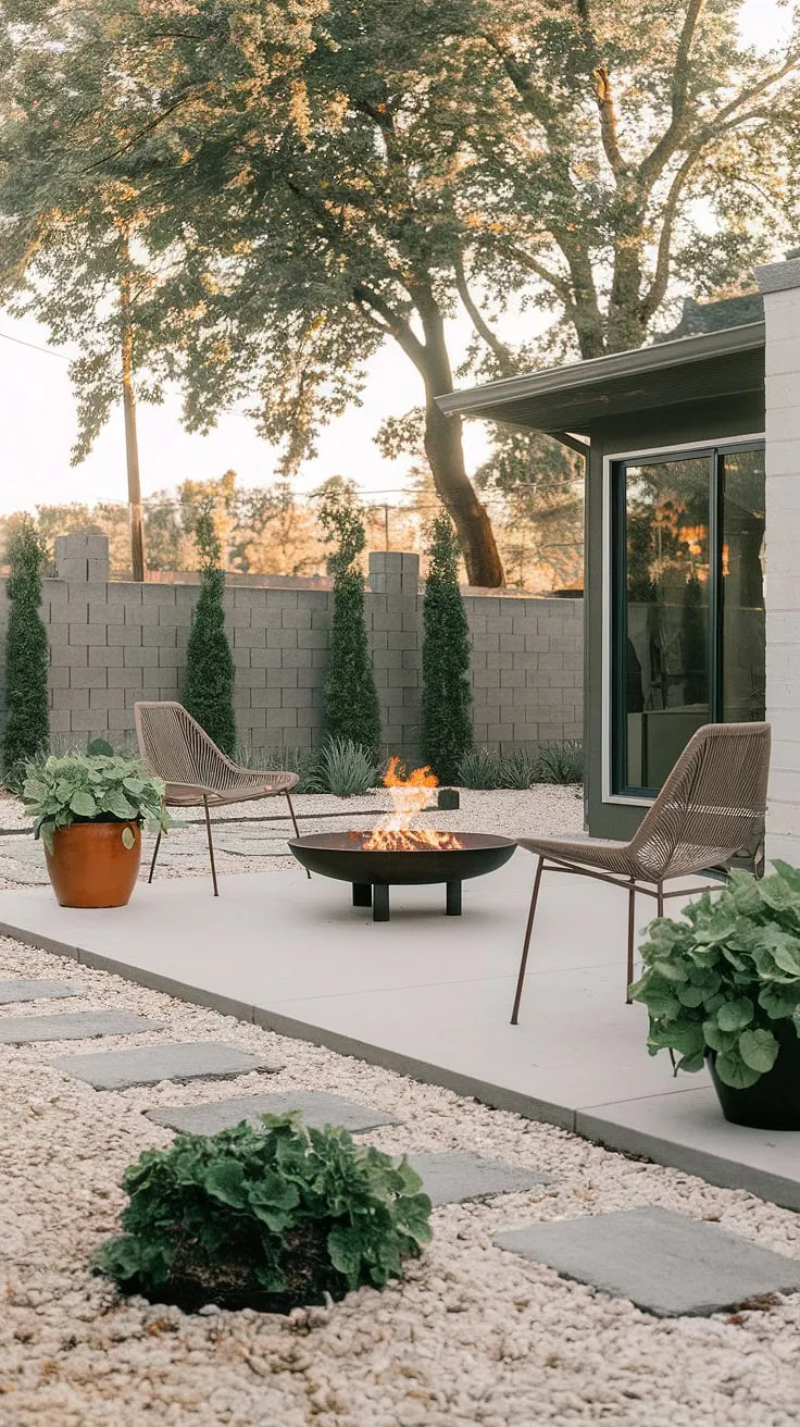 Serene simplicity. This mid-century modern backyard oasis, with its minimalist design and carefully curated landscaping, offers the perfect blend of comfort and understated elegance. The fire pit beckons for cozy evenings, while the white pebble ground and potted plants add a touch of refined texture. A true sanctuary for relaxation and contemplation.