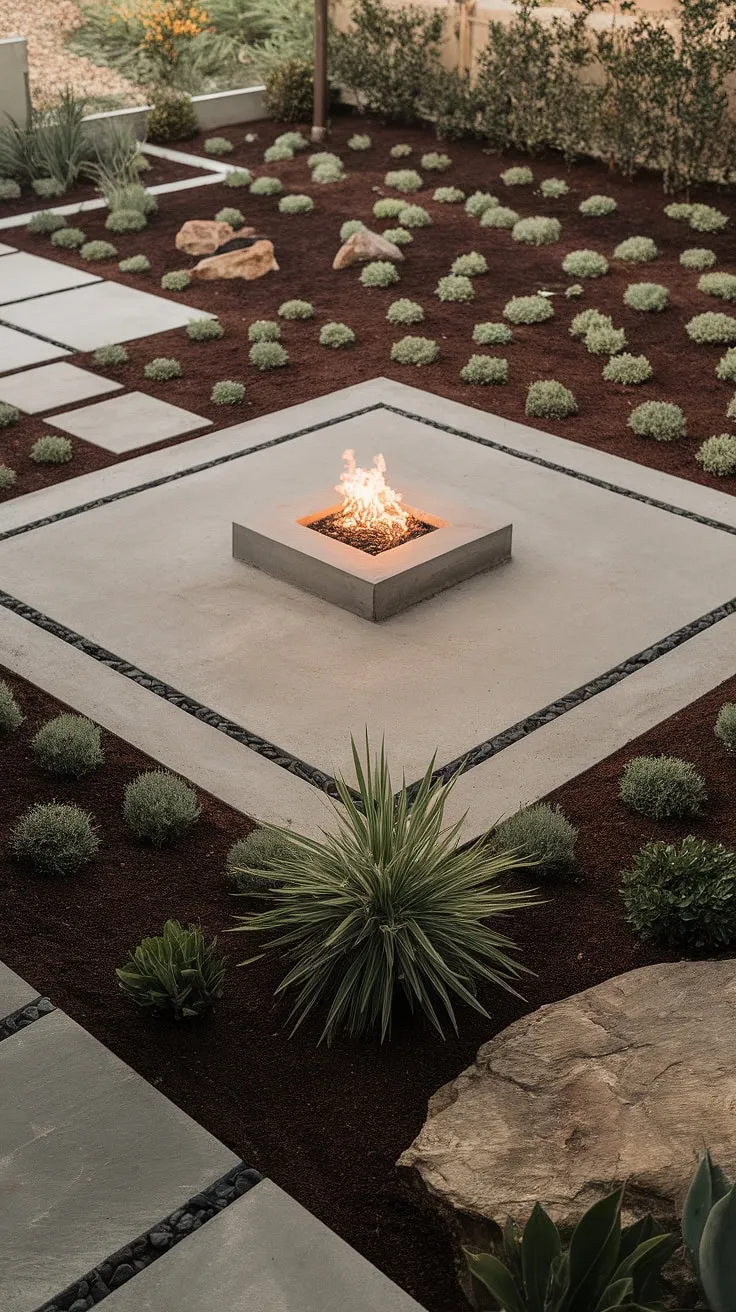 Mid-century modern minimalism at its finest. The clean lines of the concrete patio, punctuated by the warmth of the fire pit, create a serene outdoor space perfect for quiet contemplation and intimate gatherings. A testament to thoughtful landscaping and the enduring appeal of simple elegance.