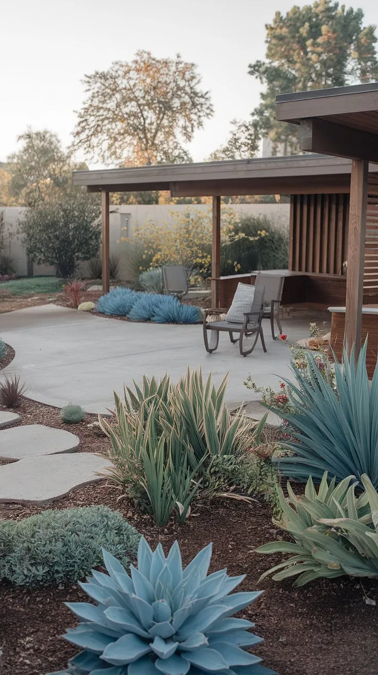 Mid-century modern serenity. The cool tones of the concrete patio, punctuated by vibrant pops of red and yellow flowers, create a tranquil escape. A shaded retreat awaits under the slatted roof, perfect for enjoying the quiet beauty of the landscape. A peaceful haven designed for relaxation and contemplation.