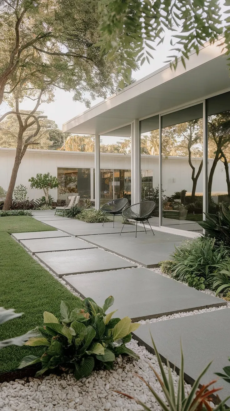 A minimalist oasis where concrete meets nature. The geometric precision of the patio is softened by the surrounding abundance of greenery, creating a harmonious balance. A perfect spot for quiet contemplation, this space embodies the timeless elegance of mid-century modern aesthetics. A sanctuary found.
