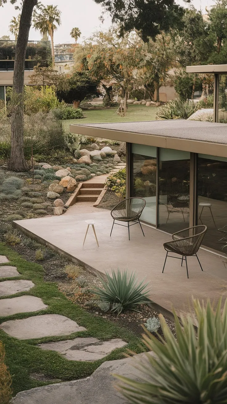 A tranquil mid-century modern patio, bathed in the soft glow of the setting sun, offers a serene escape. The lush greenery, carefully curated landscaping, and the inviting concrete expanse create a perfect harmony between architecture and nature. A gentle staircase descends to a hidden garden below, promising further exploration and quiet contemplation.