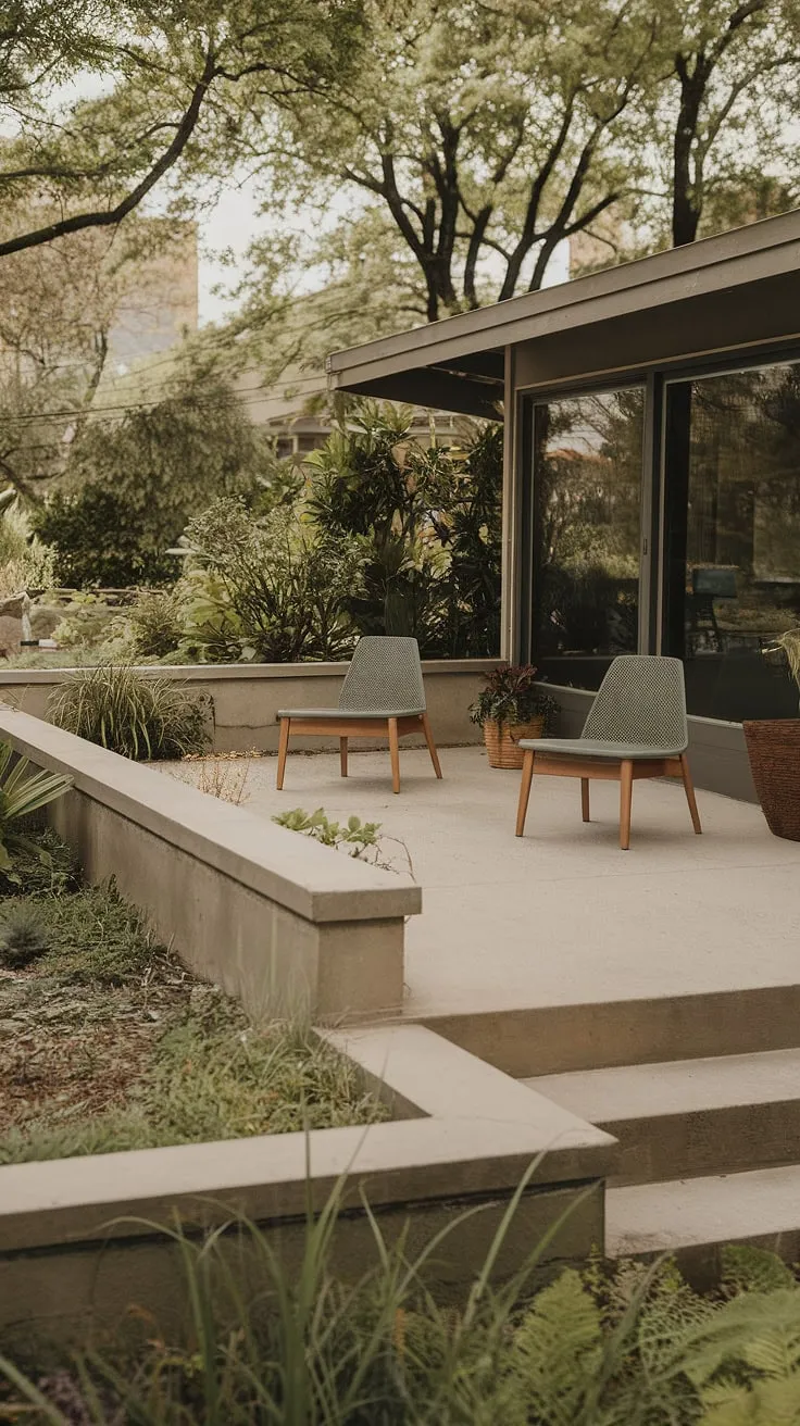 This mid-century modern oasis beckons with its minimalist design and abundant natural beauty. The concrete patio, framed by thriving plants and a low wall adorned with a planter, creates a sense of calm and understated luxury. A place to unwind and appreciate the simple pleasures of life, far from the everyday hustle.