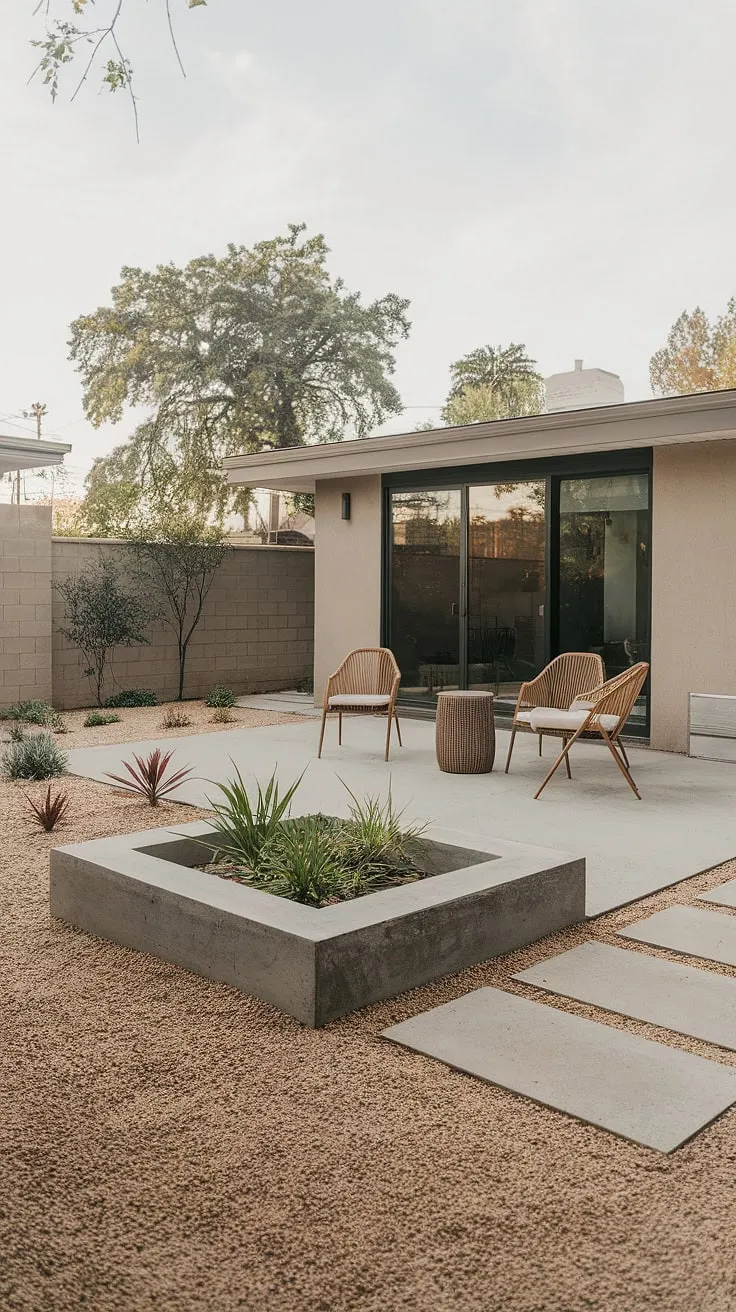 This thoughtfully designed backyard seamlessly blends the clean aesthetic of a modern landscape with the retro appeal of a mid-century patio. The gravel ground and low concrete planter add to the minimalist feel, creating a calming and inviting atmosphere. A testament to the enduring power of simple elegance.