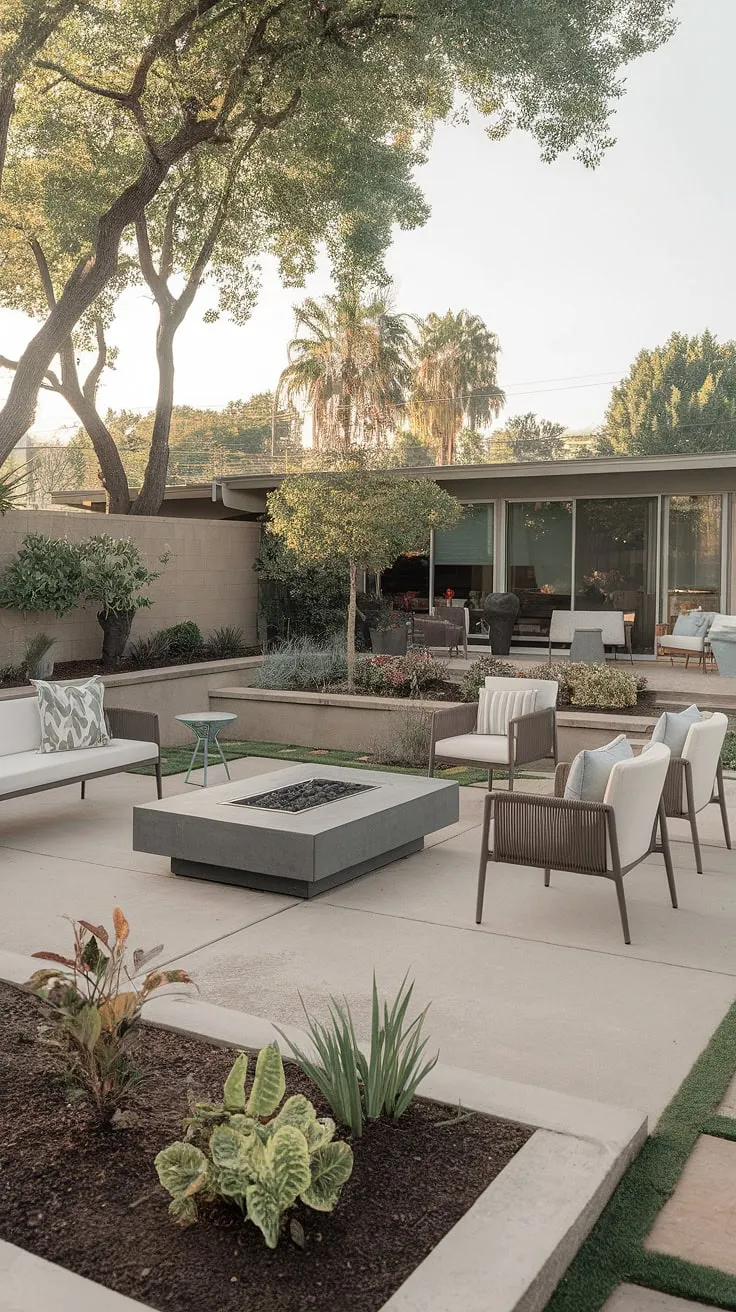 Mid-century modern living at its finest. The clean lines of the architecture are perfectly complemented by the thoughtfully designed patio, featuring a low fire pit perfect for cool evenings, and lush landscaping that creates a tranquil oasis. A true testament to timeless style and sophisticated outdoor living.