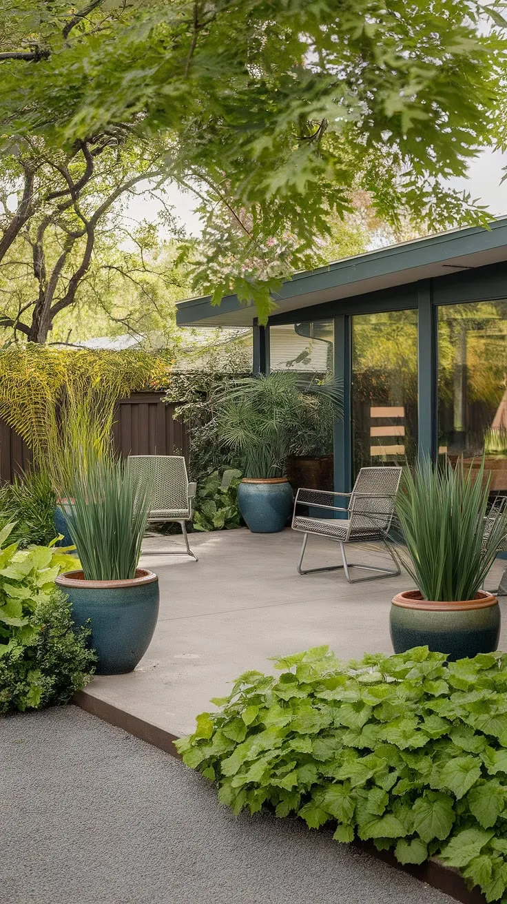 Escape the everyday in this serene mid-century modern patio oasis. The lush greenery and thoughtfully placed potted plants create a tranquil atmosphere perfect for relaxation and quiet contemplation. A perfect blend of architectural design and natural beauty.