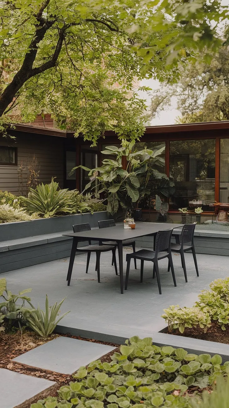 This mid-century modern patio is a testament to understated elegance. A black outdoor dining set anchors the grey concrete space, while the surrounding garden bursts with life. The built-in seating and planter along the low wall add a touch of thoughtful design, creating a perfect spot for al fresco dining and quiet contemplation.