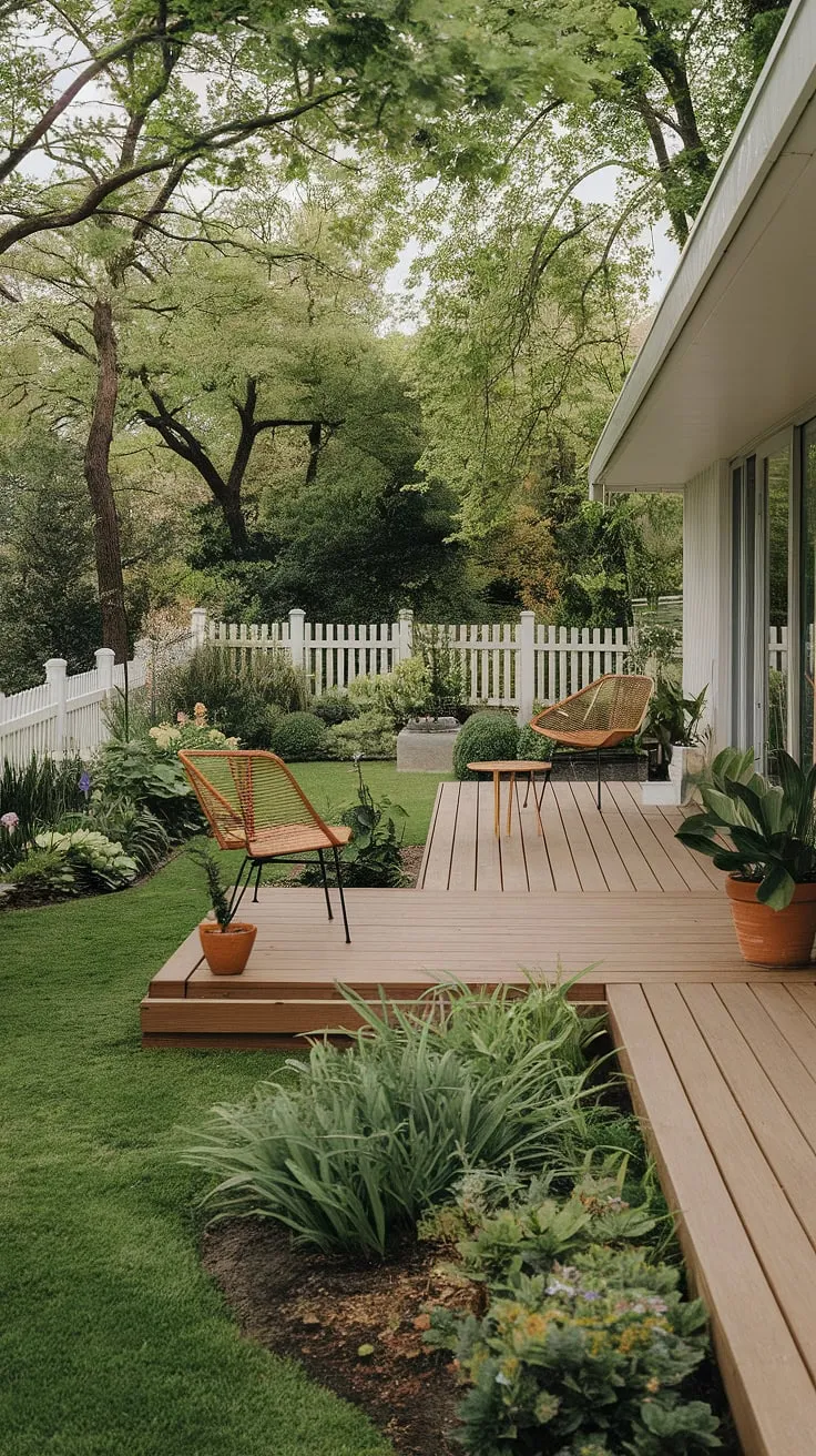 Mid-century modern serenity. The simple elegance of this outdoor space, with its wooden deck and lush garden, perfectly embodies a connection to nature. A peaceful retreat awaits. A testament to timeless design and the beauty of understated luxury.