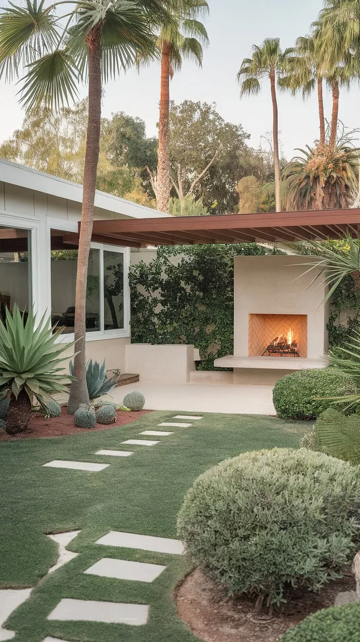 A haven of mid-century design nestled amongst thriving greenery. The interplay of natural light, architectural lines, and the warmth of the fireplace creates an atmosphere of unparalleled peace. A testament to thoughtful design and a connection with nature, this patio is a dream realized. A place to unwind and reconnect.