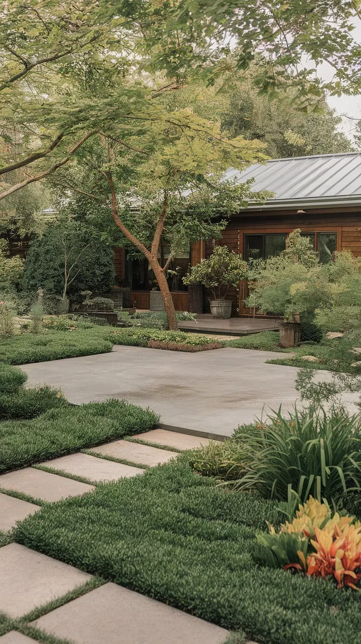 A serene escape where the past and present intertwine. The original concrete patio, a foundation of memories, is now surrounded by a vibrant, modern landscape, showcasing the artistry of thoughtful garden design. A tranquil retreat, perfectly balanced.