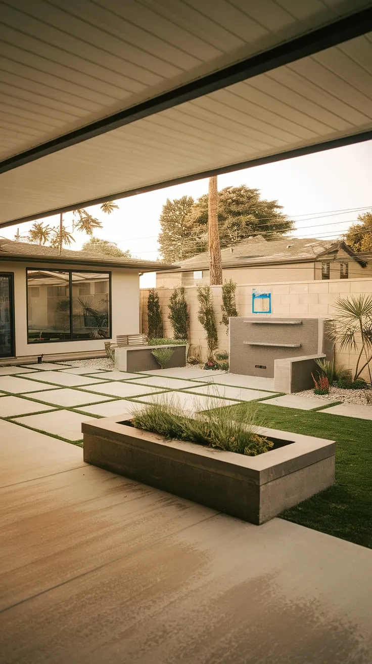 Warm sunlight bathes this renovated patio, where a classic mid-century aesthetic is reimagined with modern landscaping. The carefully curated greenery, a tranquil water feature, and a comfortable bench invite relaxation and contemplation. A testament to timeless design and thoughtful integration.