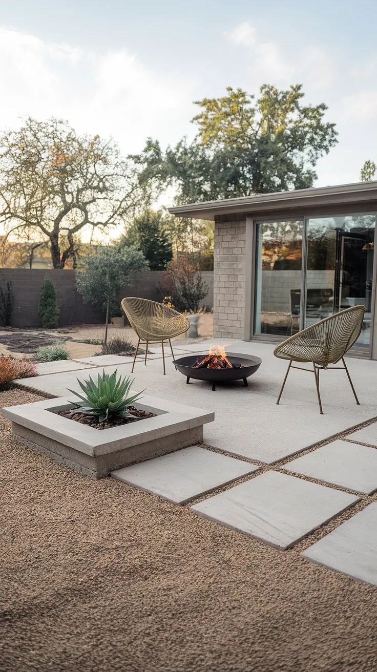 This thoughtfully designed backyard seamlessly unites the classic lines of a mid-century patio with the clean aesthetic of modern landscaping. The gravel pathway and carefully chosen succulents create a serene atmosphere, perfect for quiet evenings by the fire.