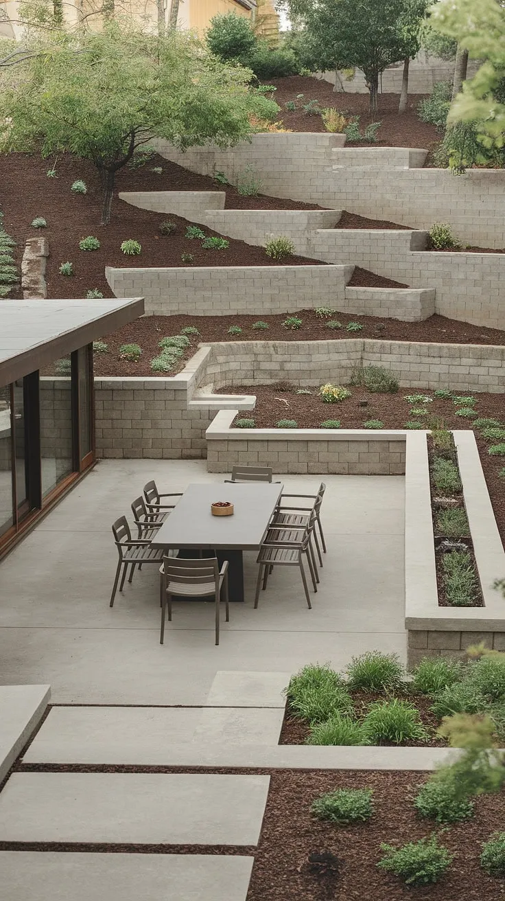 A tranquil oasis of mid-century design. The carefully terraced landscape, with its low walls and lush plantings, creates a sense of calm and privacy. A simple concrete patio provides the perfect spot for outdoor dining and relaxation, a true reflection of understated sophistication. A haven for quiet contemplation.