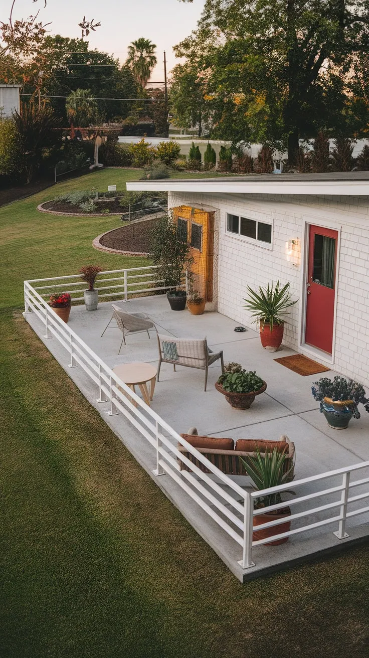 A picture-perfect example of mid-century modern living. The clean lines of the architecture, the pops of color, and the lush greenery all work together to create a space that is both stylish and relaxing. A haven of tranquility awaits.