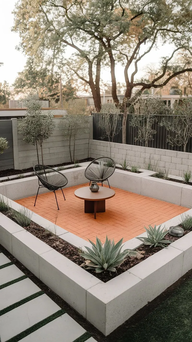 A minimalist's dream. This outdoor space seamlessly blends mid-century modern design with contemporary landscaping. The bold orange brick patio, framed by crisp white walls and lush greenery, offers a sophisticated yet relaxed atmosphere. A perfect example of how less can be so much more.