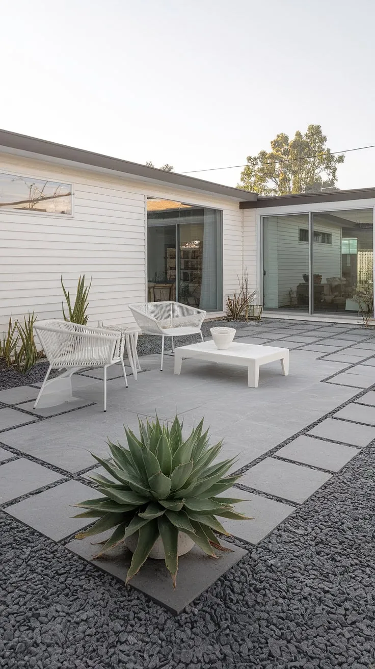 A minimalist oasis. Grey pebble ground, a crisp white patio, and carefully chosen plantings-this backyard design is a masterclass in understated elegance. The simple furniture and architectural details of the house create a harmonious whole, showcasing the power of A well-considered landscape to elevate a home's charm.