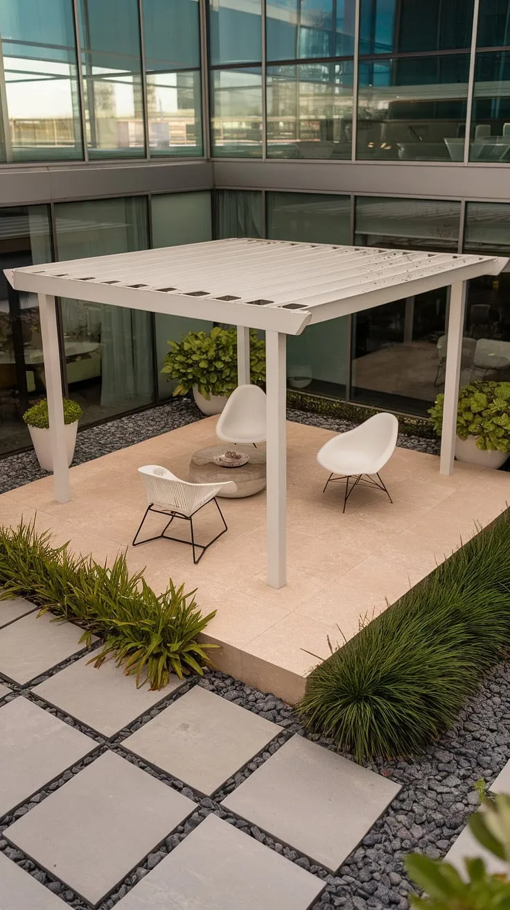 A picture-perfect setting for quiet contemplation. The interplay of textures-the smooth beige tiles, the grey stone paving, and the lush greenery-creates a visually stunning and calming atmosphere. A testament to the enduring appeal of mid-century modern design.