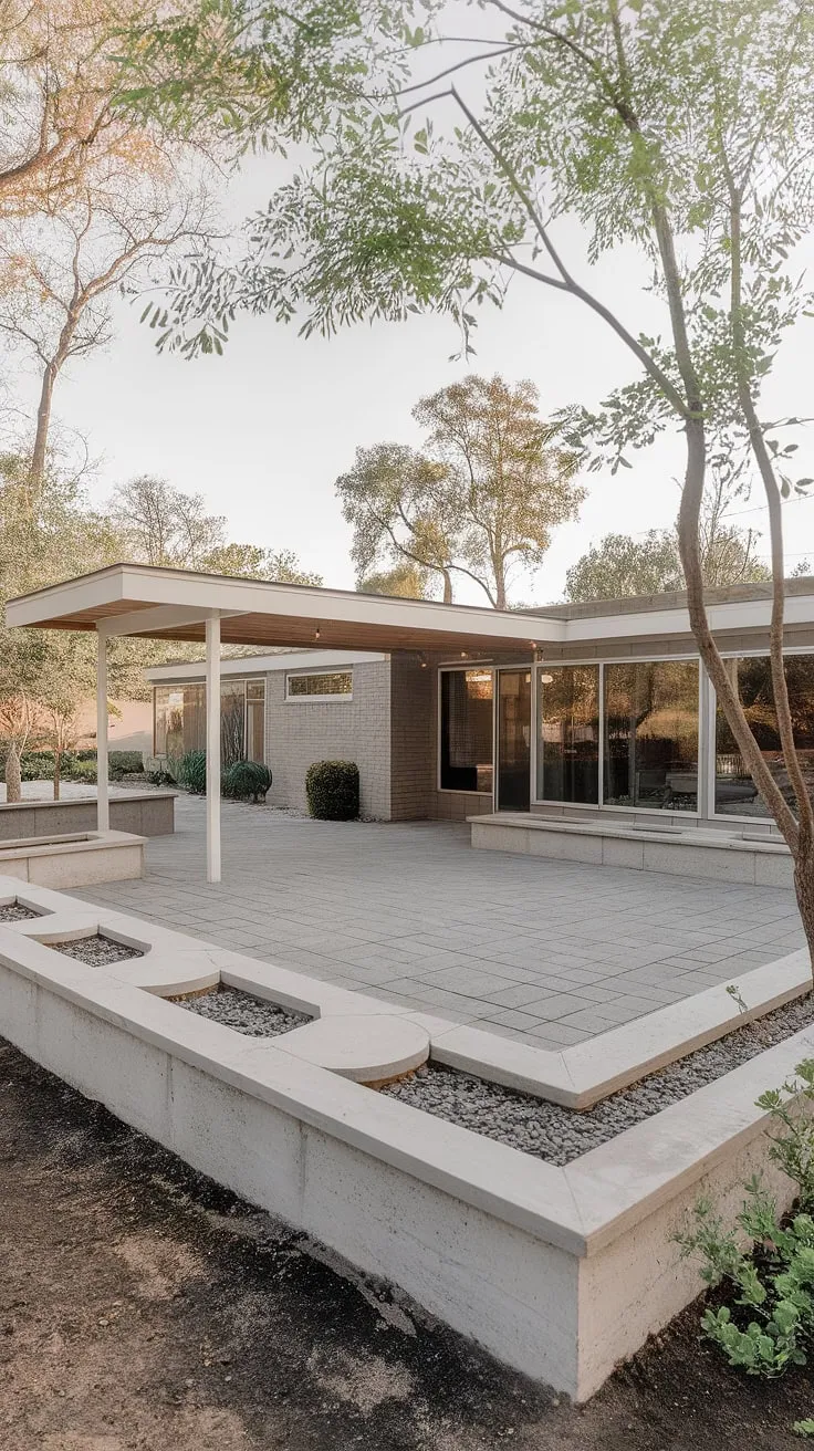 This a inspired patio is a study in understated elegance. The rectilinear design, punctuated by the soft curves of the planters, offers a tranquil retreat where modern aesthetics meet comfortable functionality.