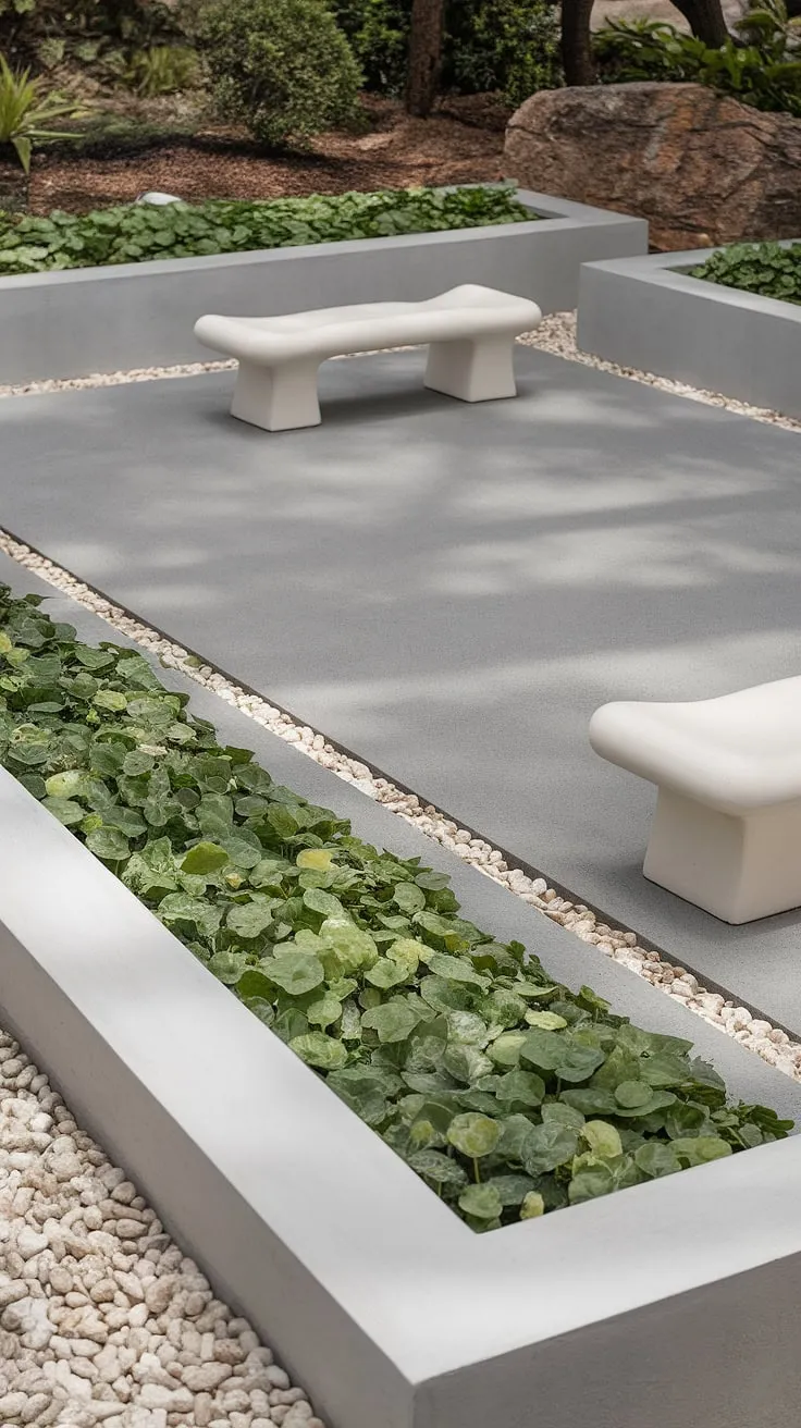 A minimalist oasis of calm. This patio's design is a masterclass in mid-century modern aesthetics: the sharp angles of the concrete and white wall are beautifully softened by the curved benches and the textural contrast of the white pebbles and vibrant greenery. A tranquil retreat awaits.