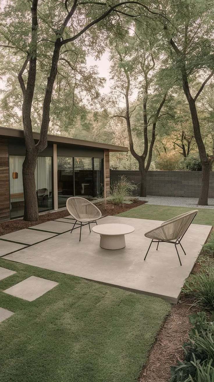 Mid-century modern serenity. The clean lines of the concrete patio, complemented by the simple elegance of the furniture and lush landscaping, create a tranquil outdoor oasis. A perfect spot for quiet contemplation or a refreshing drink. A testament to timeless design.
