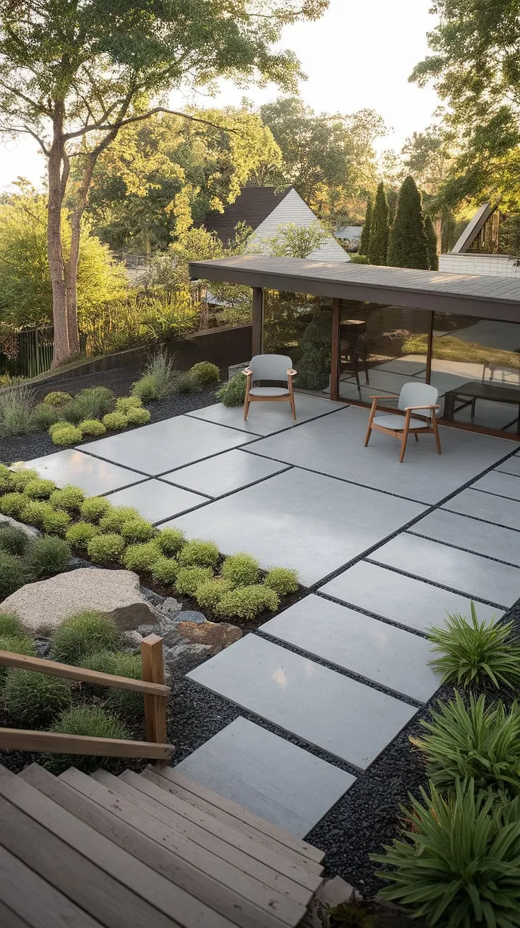 Clean lines and tranquil spaces. This mid-century modern patio, with its geometric concrete design and minimalist landscaping, offers a serene escape. The wooden deck stairs leading up add a touch of warmth, perfectly complementing the angular architecture of the home. A perfect example of how form and function can coexist in harmonious aesthetic.