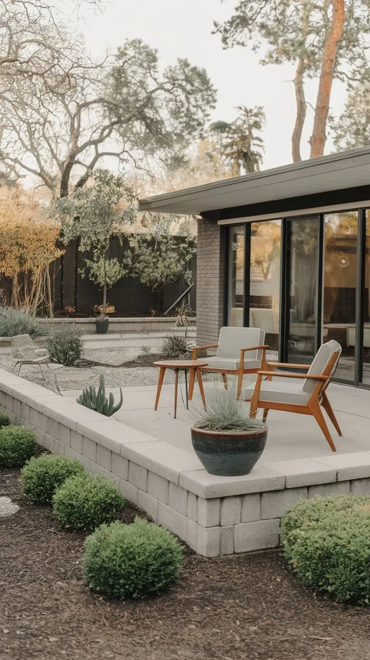 An oasis of tranquility, this outdoor sanctuary harmoniously fuses mid-century architectural elegance with the vibrant beauty of nature.
